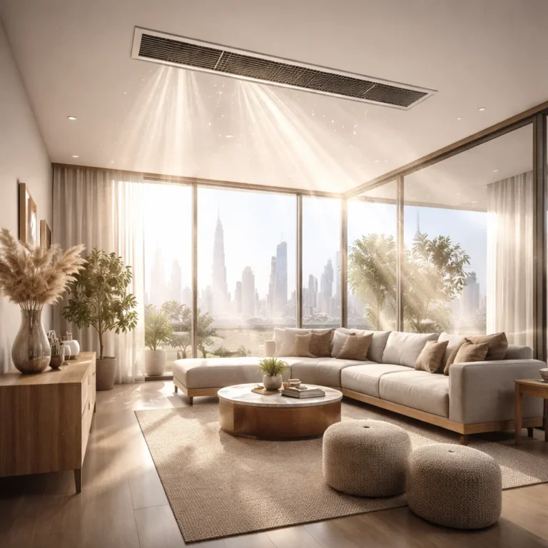 Indoor air quality illustration showing AC airflow and dust particles in a modern UAE home