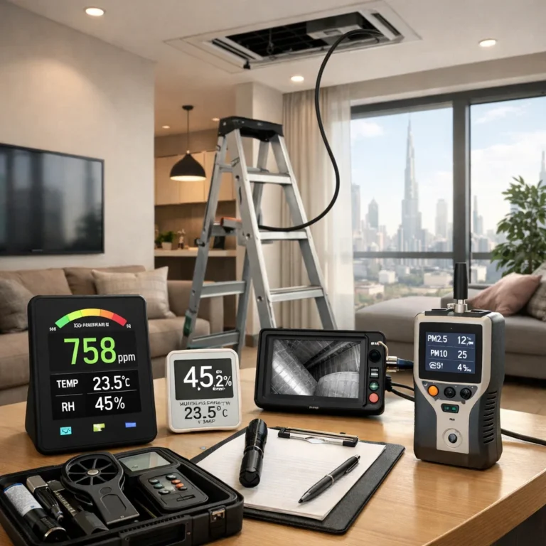 Indoor air quality inspection process with monitoring tools and AC system check