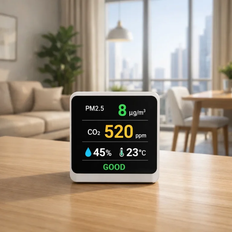 Indoor air quality monitor showing PM2.5 CO2 and humidity levels in a modern apartment