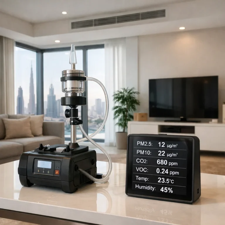 Indoor air testing dilakukan dengan alat sampling di ruangan modern untuk mengecek kualitas udara