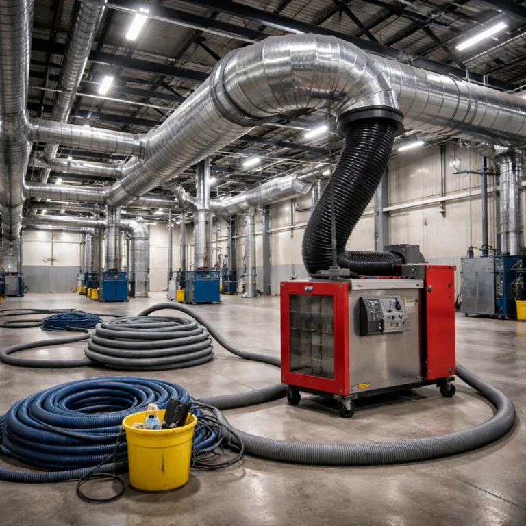 Industrial duct cleaning equipment setup inside large facility
