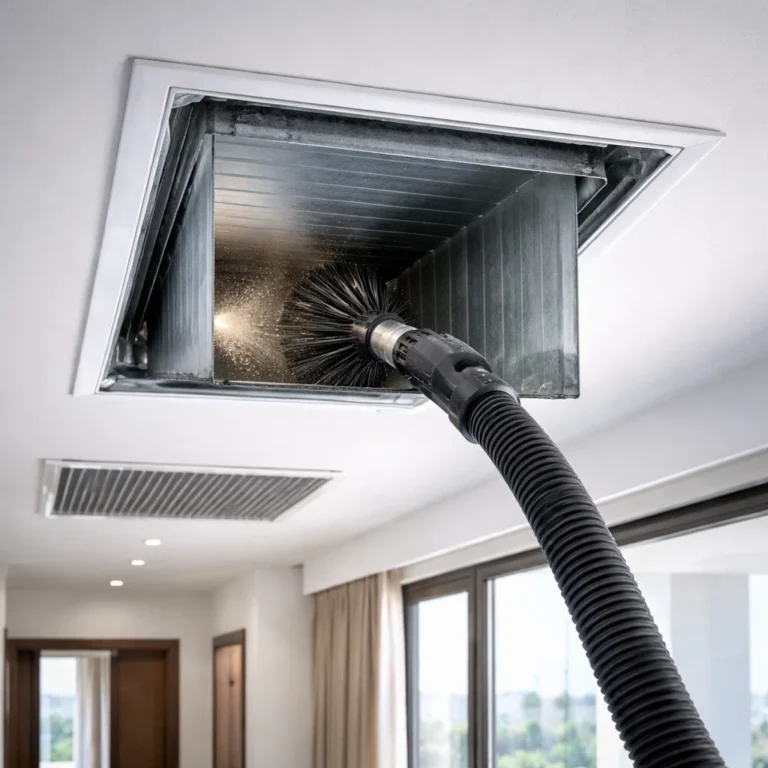 Inside AC duct being cleaned showing dust removal process and airflow system