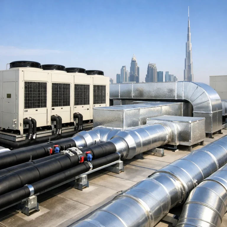 Instalasi sistem HVAC di rooftop gedung modern Dubai dengan unit outdoor dan ducting tertata rapi