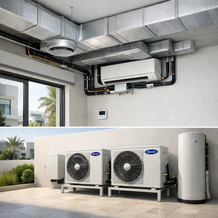 Instalasi sistem HVAC di villa modern Dubai dengan ducting rapi dan unit outdoor terpasang profesional