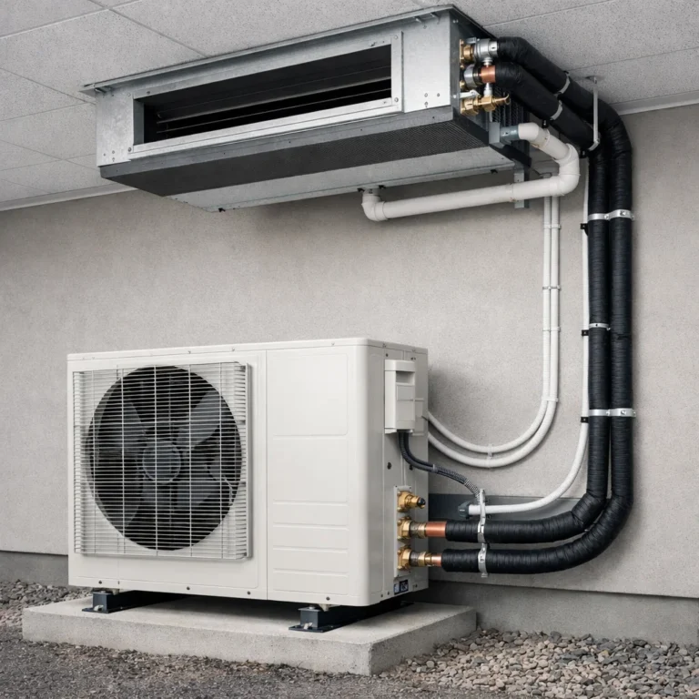 Instalasi sistem HVAC ducted dengan unit indoor dan outdoor yang terhubung rapi di bangunan modern