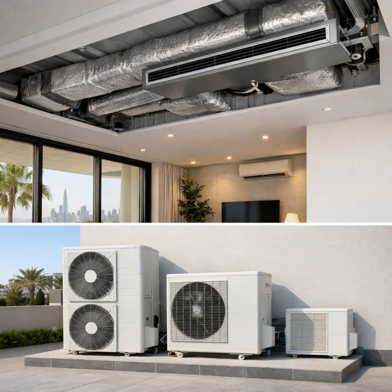 Instalasi sistem HVAC ducted di rumah modern Dubai dengan layout rapi