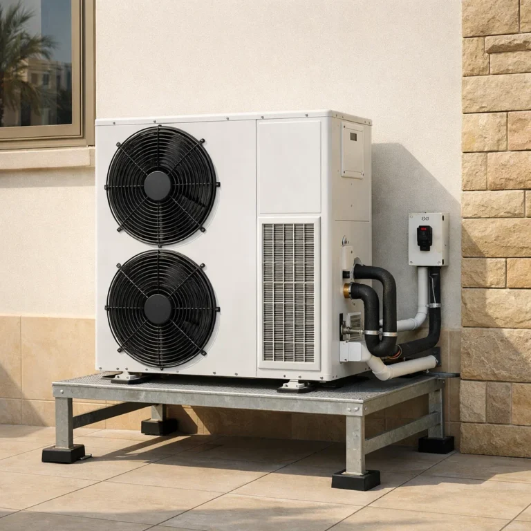 Outdoor AC condenser installed properly on building exterior platform