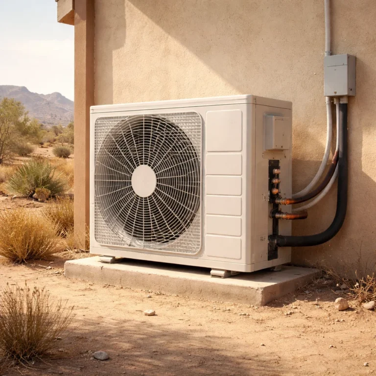 Outdoor AC condenser unit on building exterior in Dubai