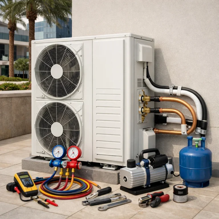 Outdoor AC unit being installed with visible copper piping in a clean setup