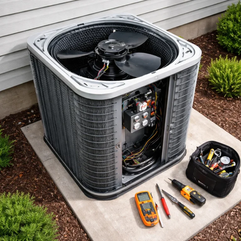 Outdoor AC unit is open with internal components looking neat