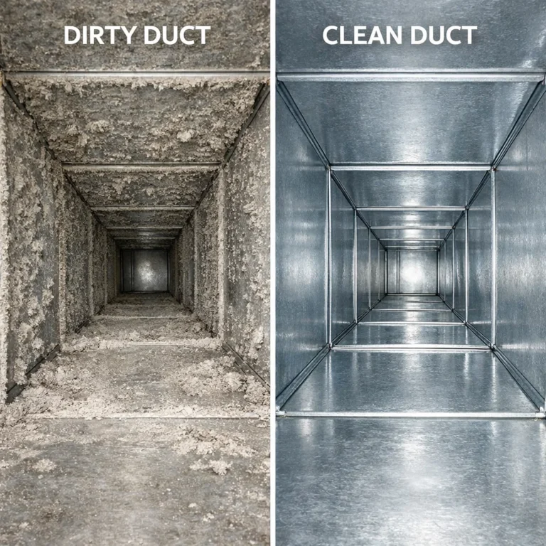 Perbandingan kondisi duct AC kotor dan bersih di dalam sistem HVAC rumah Dubai