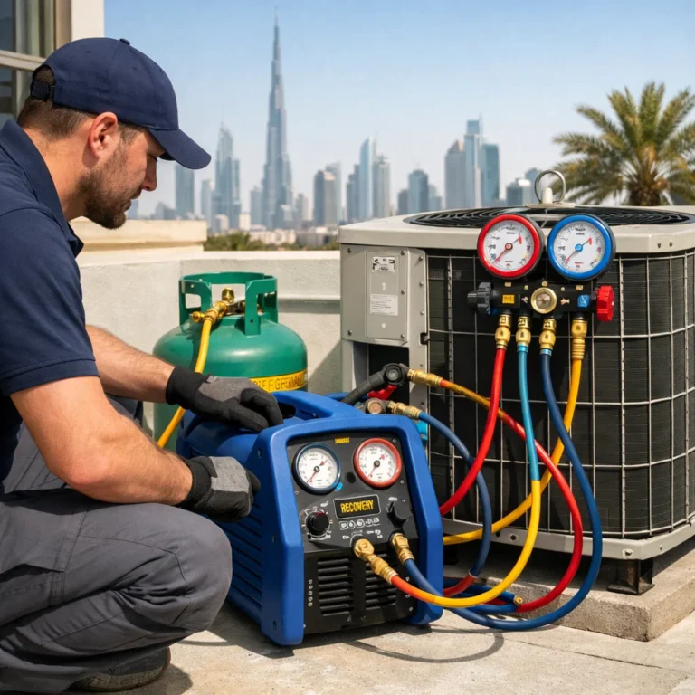 Refrigerant recovery process from AC unit using professional equipment