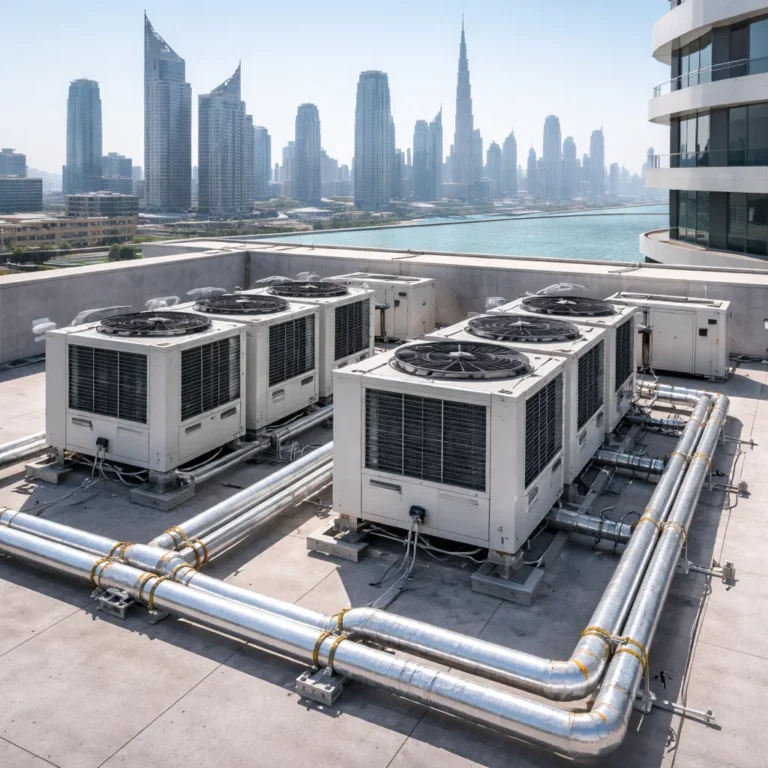 Rooftop AC system installed on a flat building with proper mounting and piping