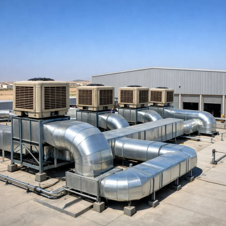 Rooftop evaporative cooling system installed for warehouse airflow distribution