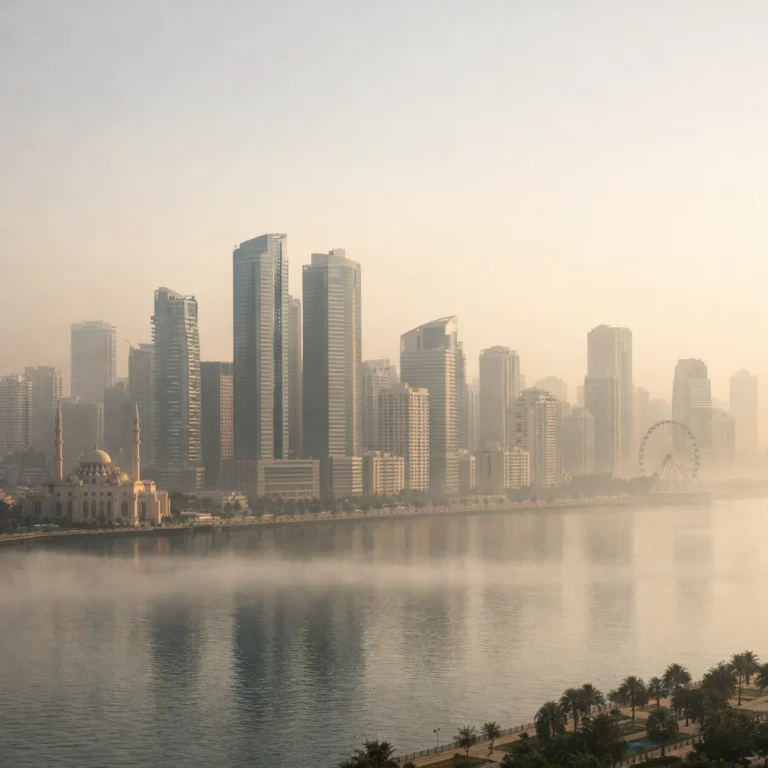 Sharjah skyline dengan lapisan polusi udara tipis terlihat di langit