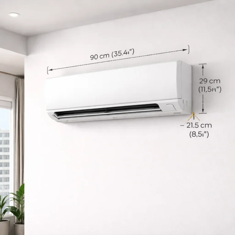 Split AC indoor unit with measurement guide on wall