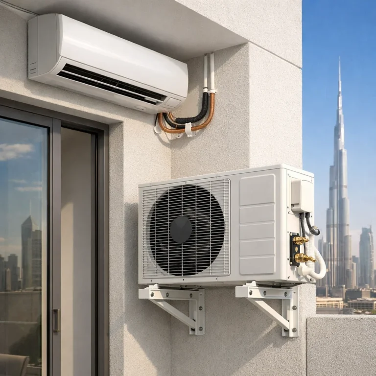 Split AC installation process with pipes and outdoor unit installed neatly