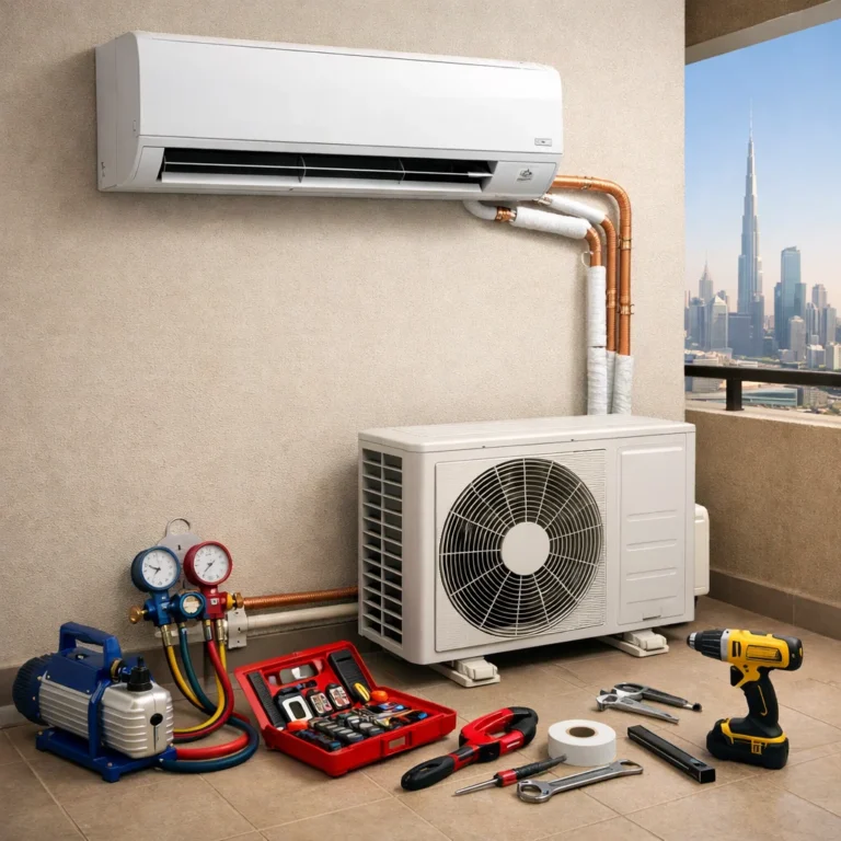 Split AC installation with visible copper piping in Dubai apartment