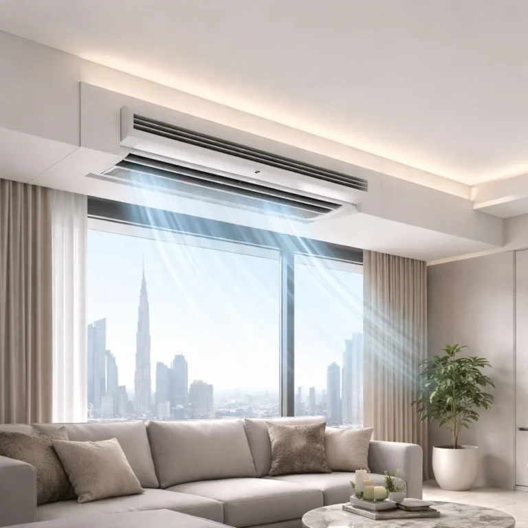 Split AC unit neatly installed inside pelmet with concealed piping