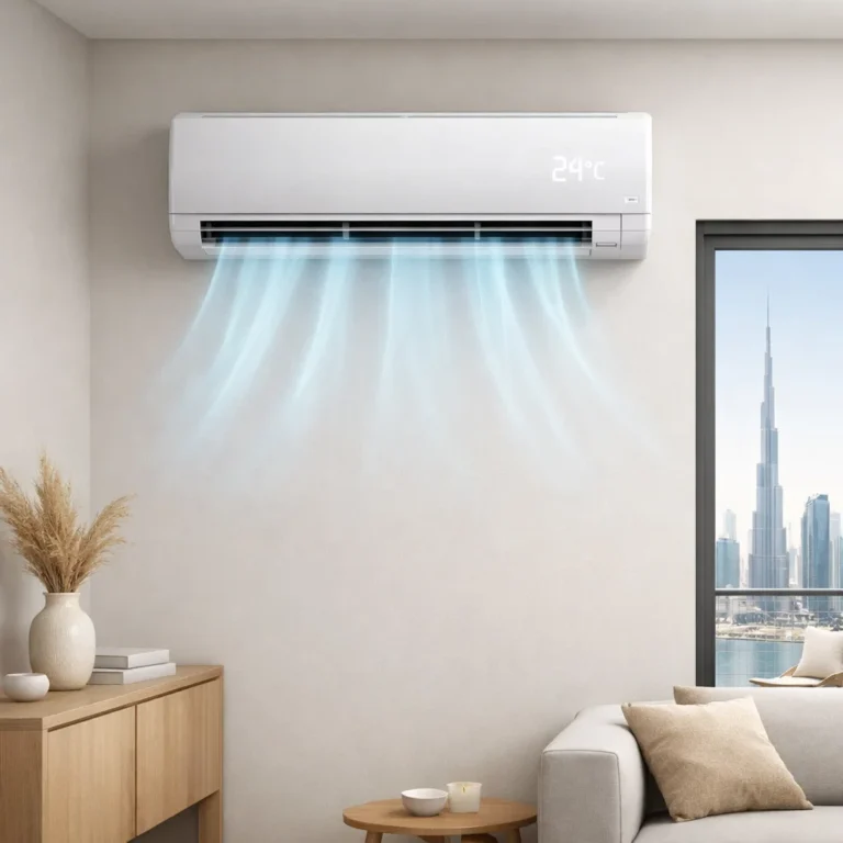 The AC is on in a Dubai apartment at 24 degrees for humidity control