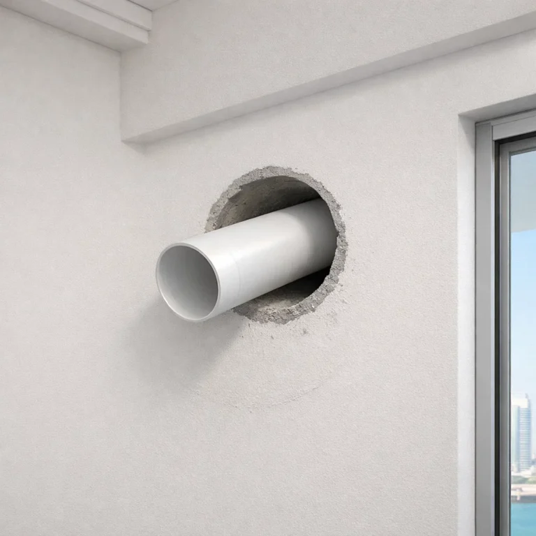 Wall hole drilling for split AC installation with correct angle and sleeve