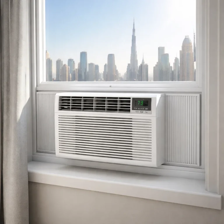 Window AC with new side panel installed tightly in the apartment window