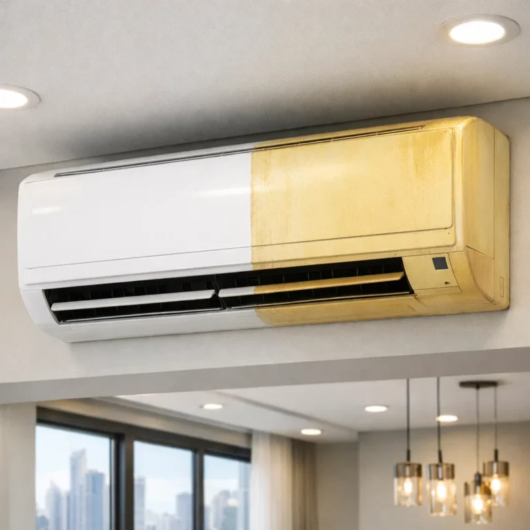 Yellow on AC plastic due to heat and UV in Dubai