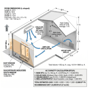 AC capacity calculation diagram with room size BTU formula airflow arrows sun exposure and ceiling height variations clean technical layout realistic lighting no people