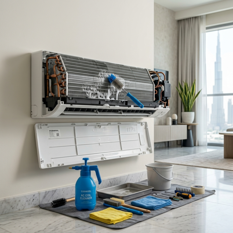 AC evaporator coil cleaning in a modern UAE apartment interior