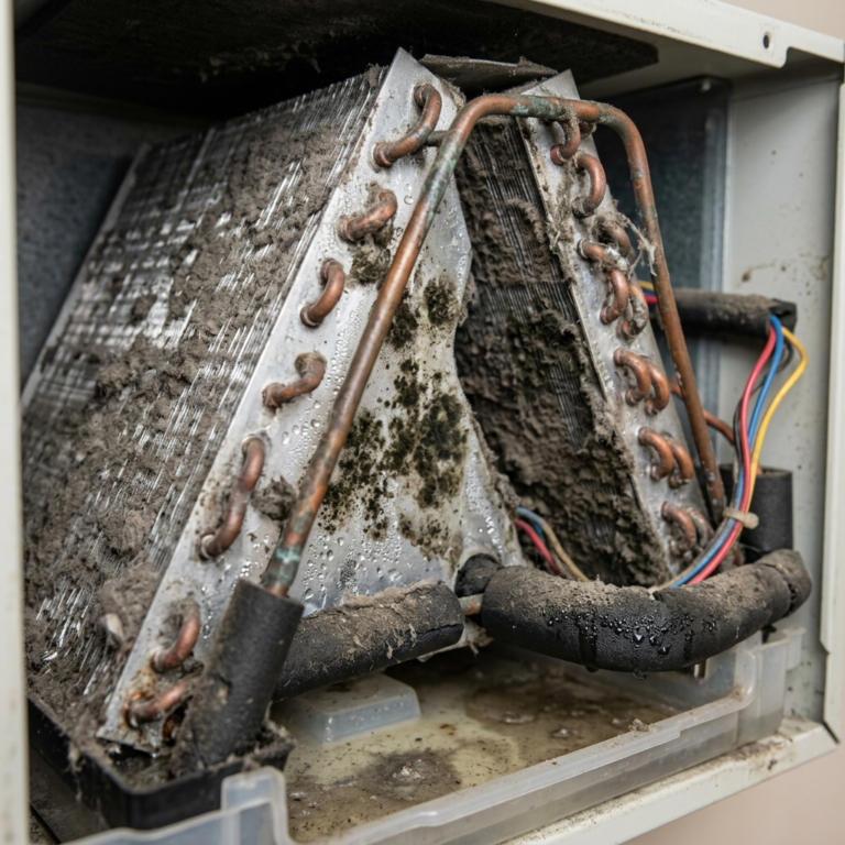 AC evaporator coil with condensation, dust buildup, and visible mold, detailed HVAC interior, realistic lighting, macro view