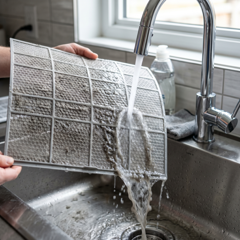 AC filter being rinsed under running water removing dust in a clean modern indoor setting