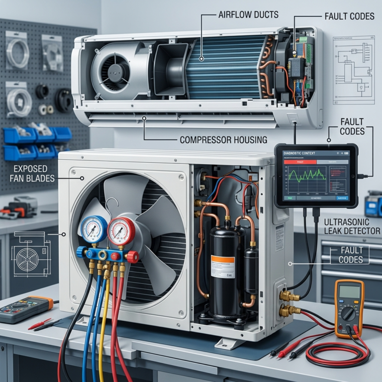 AC indoor and outdoor units in diagnostic view with exposed fan blades, compressor housing, and airflow ducts, clean technical setup, realistic lighting, no people, square composition