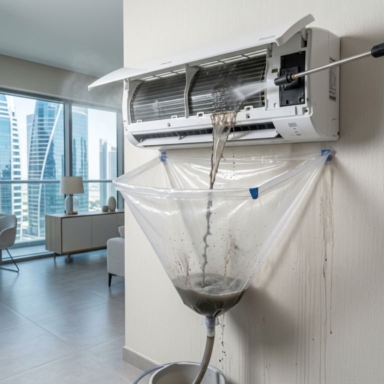 AC indoor unit cleaning with wash bag high-pressure rinse removing visible dirt in a modern UAE apartment
