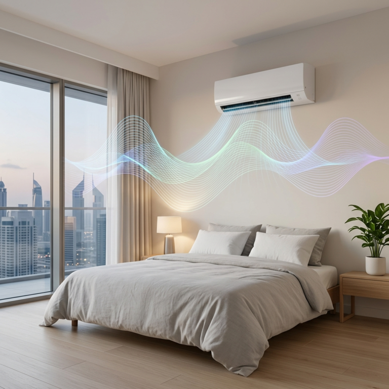 AC indoor unit in a quiet bedroom with sound wave illustration