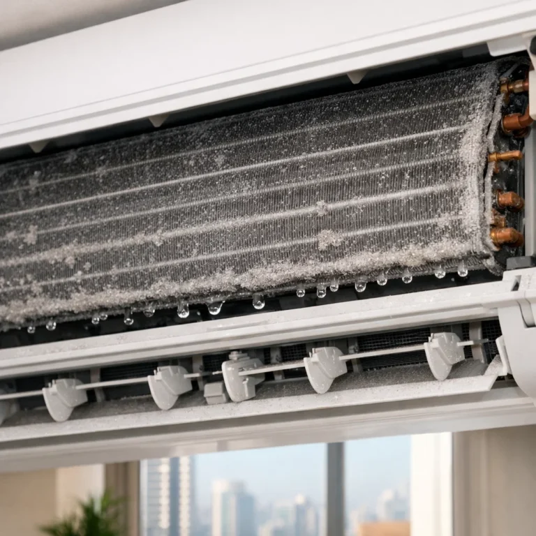AC indoor unit showing dust buildup and moisture
