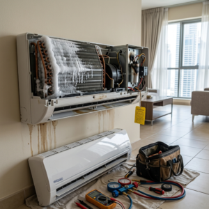 AC indoor unit with open panel showing burned capacitor, water leakage marks, and frozen coil, with technician tools nearby in a realistic Dubai apartment setting