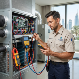 AC inspection process showing detailed system diagnostics in a UAE property