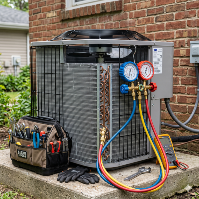 AC outdoor unit pressure testing with gauges in UAE conditions