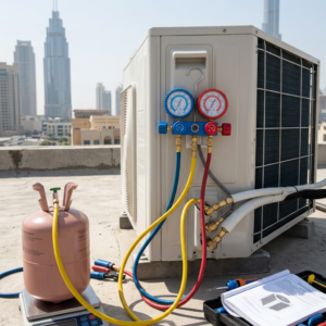 AC outdoor unit refrigerant charging with manifold gauges and visible pressure readings in a clean Dubai setup