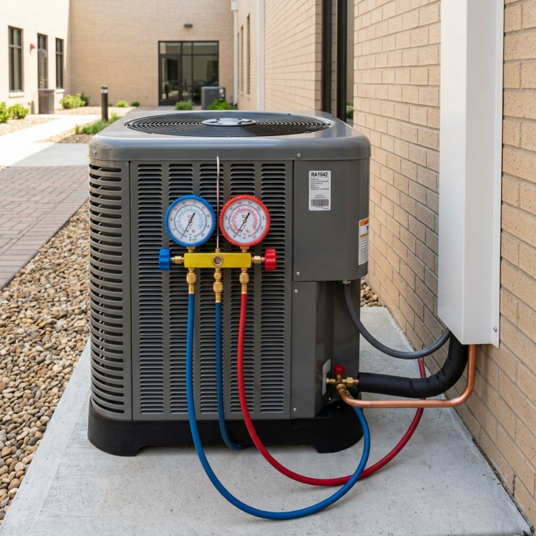AC outdoor unit with gauges checking refrigerant pressure, clean copper piping, realistic lighting, high detail, no people, square composition