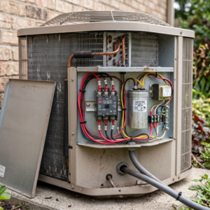 AC outdoor unit with visible relay contactor and wiring detail