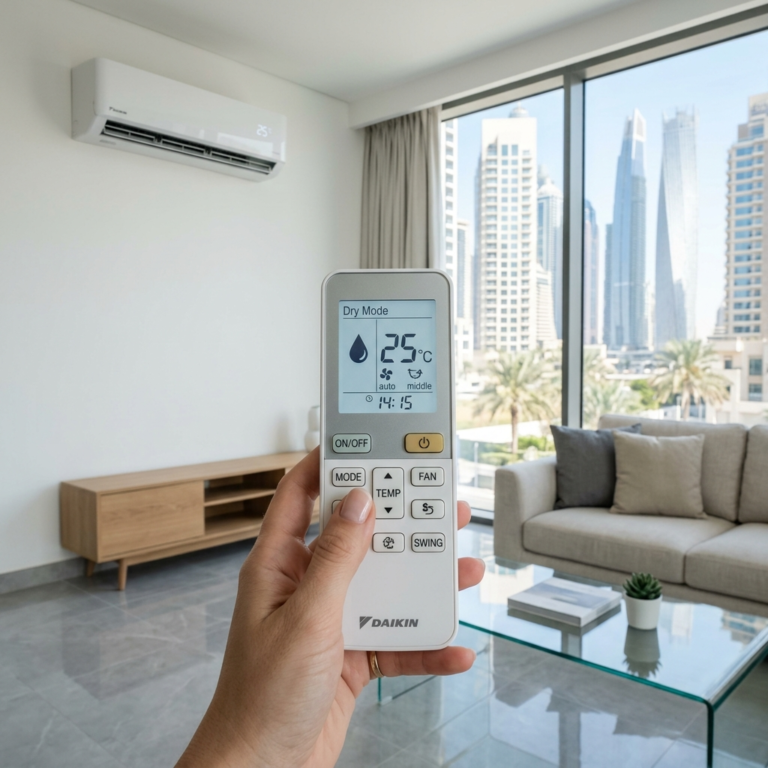 AC remote set to dry mode at 25°C with water droplet icon in a clean, modern UAE apartment interior