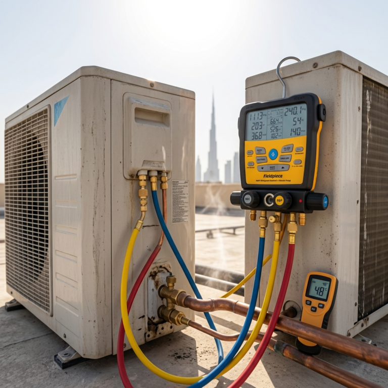 AC technician checking refrigerant pressure with digital gauges on rooftop condenser in extreme Dubai heat, clear pipes and valves, realistic lighting, no people, square composition