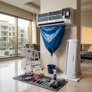 AC technician performing servicing with proper protection setup