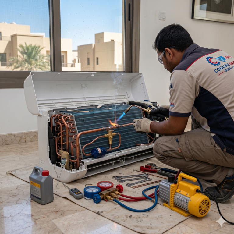 AC technician replacing expansion valve on indoor unit with exposed copper piping, brazing tools, and vacuum pump setup in a realistic UAE environment, no people, detailed components, square frame