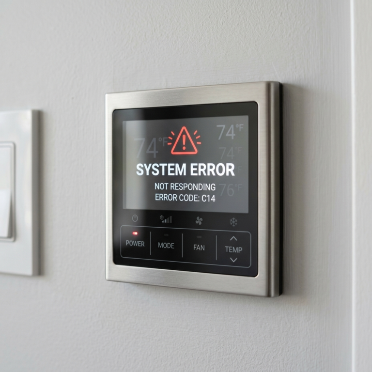 AC thermostat not responding in modern interior, close-up with clear display and detailed controls, realistic lighting, no people