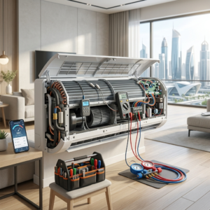 AC troubleshooting process showing indoor unit inspection and diagnosis