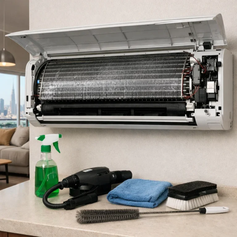 AC unit inspection showing coil cleaning and odor source