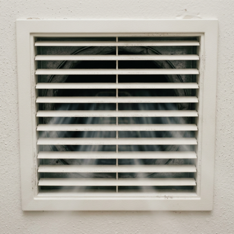 AC vent close-up with visible airflow disturbance and light dust buildup in a realistic indoor setting