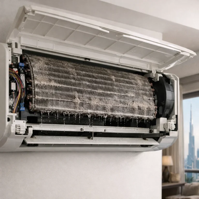 AC with a musty smell due to dirt and moisture inside the unit